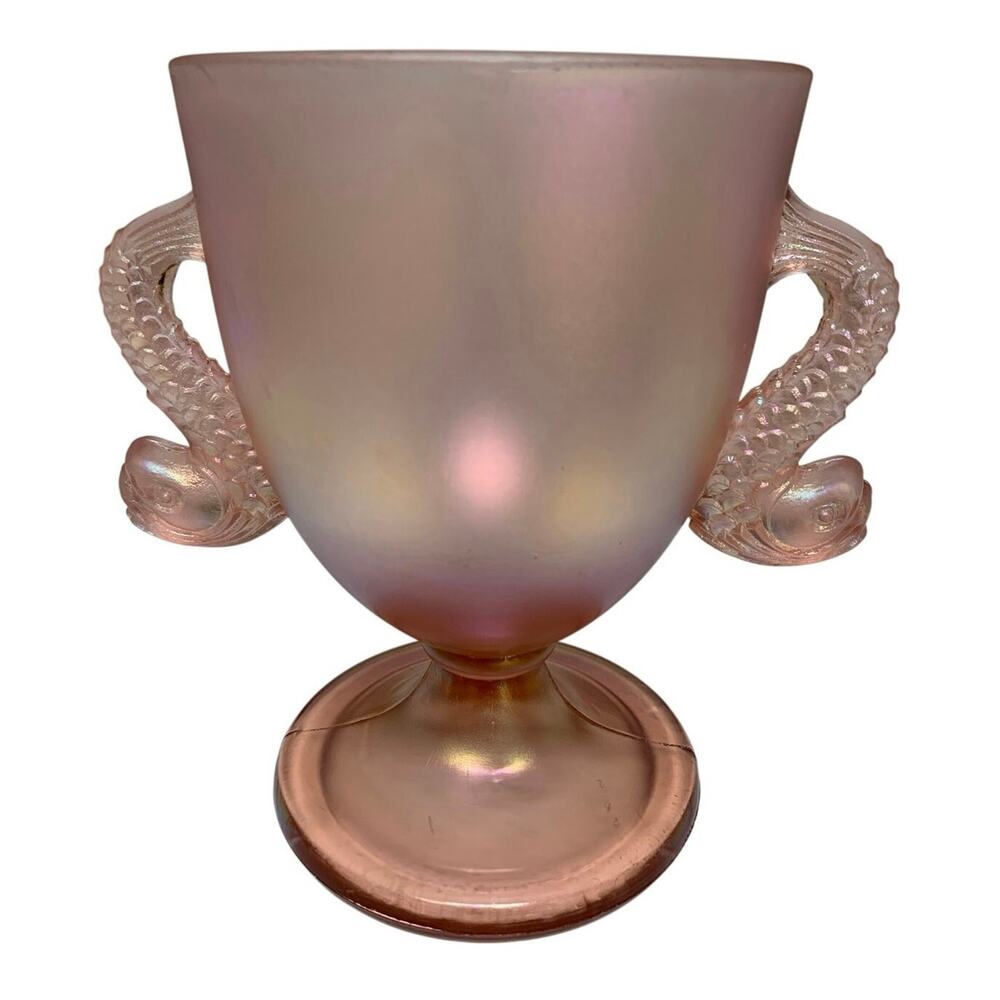Pink Fenton Satin Glass Dolphin Handle Vase Iridescent Frosted Glass Candy Dish
